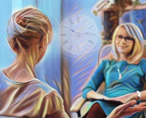 Two women engaged in a hypnotherapy session, with a clock face hovering between them to denote the rapid therapy techniques used.