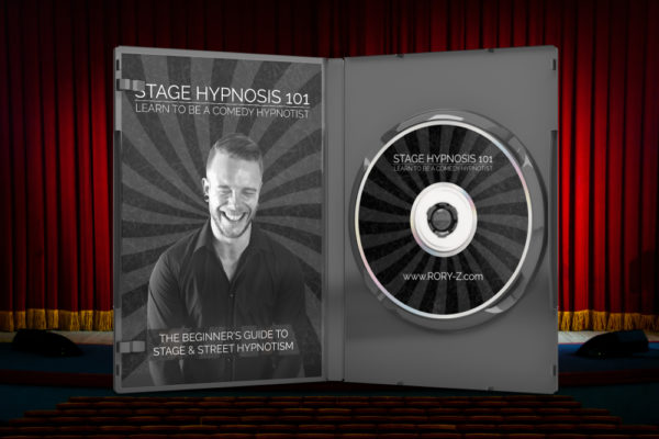 Rory Z Fulcher's Stage Hypnosis 101 DVD standing open on a table