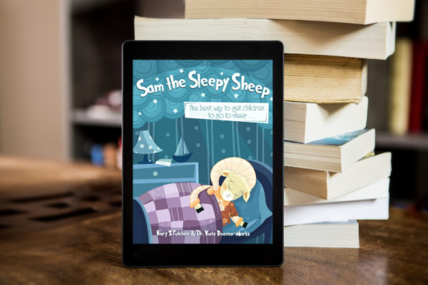 An ipad leaning against a pile of books, showing the cover of children's bedtime book, Sam the Sleepy Sheep, by Rory Z Fulcher & Dr Kate Beaven-Marks