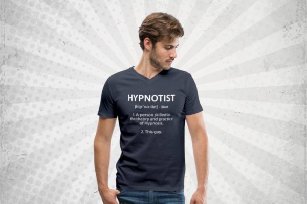 Man in a hypnotist tshirt, looking very cool, with a hypnotic background behind him
