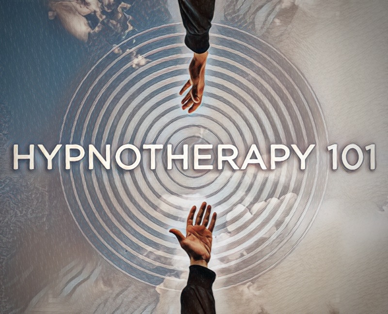 A cloudy scene with a spiral background, and two hands reaching to each other with the words 'Hypnotherapy 101' inbetween
