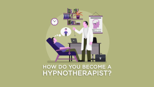 A therapy room the therapist hypnotising a man with a pocket watch. Below are the words 'how do you become a hypnotherapist?'