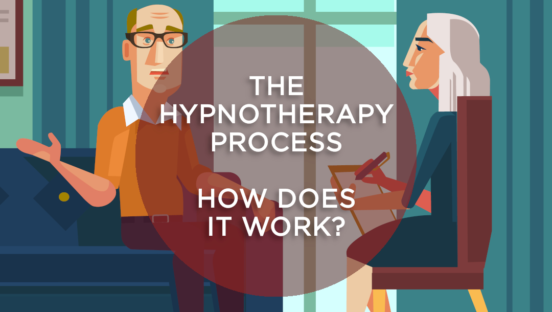 Cartoon of hypnotherapist and client in the therapy room engaging in the hypnotherapy process