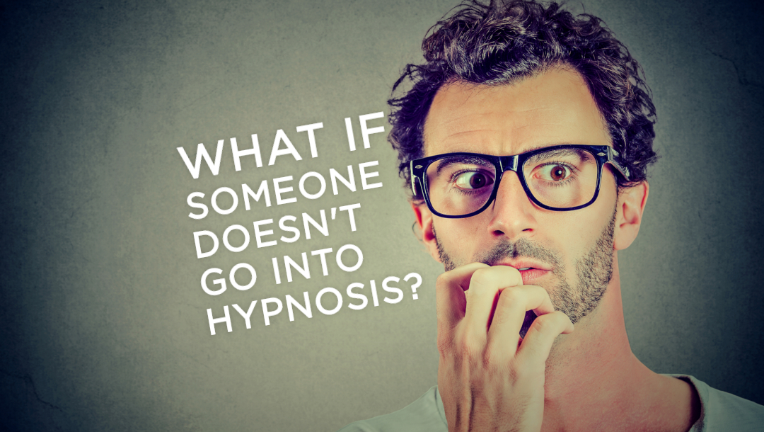 Man looking worried, biting nails, thinking with speech bubble, what if someone doesn't go into hypnosis?