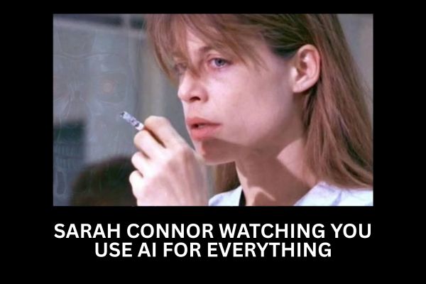 Meme of Sarah Connor (Terminator) saying, "Sarah Connor watching you use AI for everything"