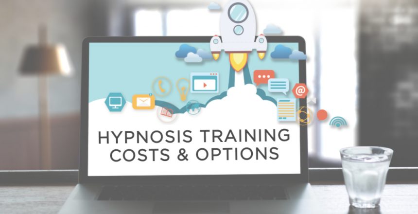 Computer screen with various different online training and video symbols, with a cartoon rocket tacking off out of the screen. Text reads hypnosis training costs & options.